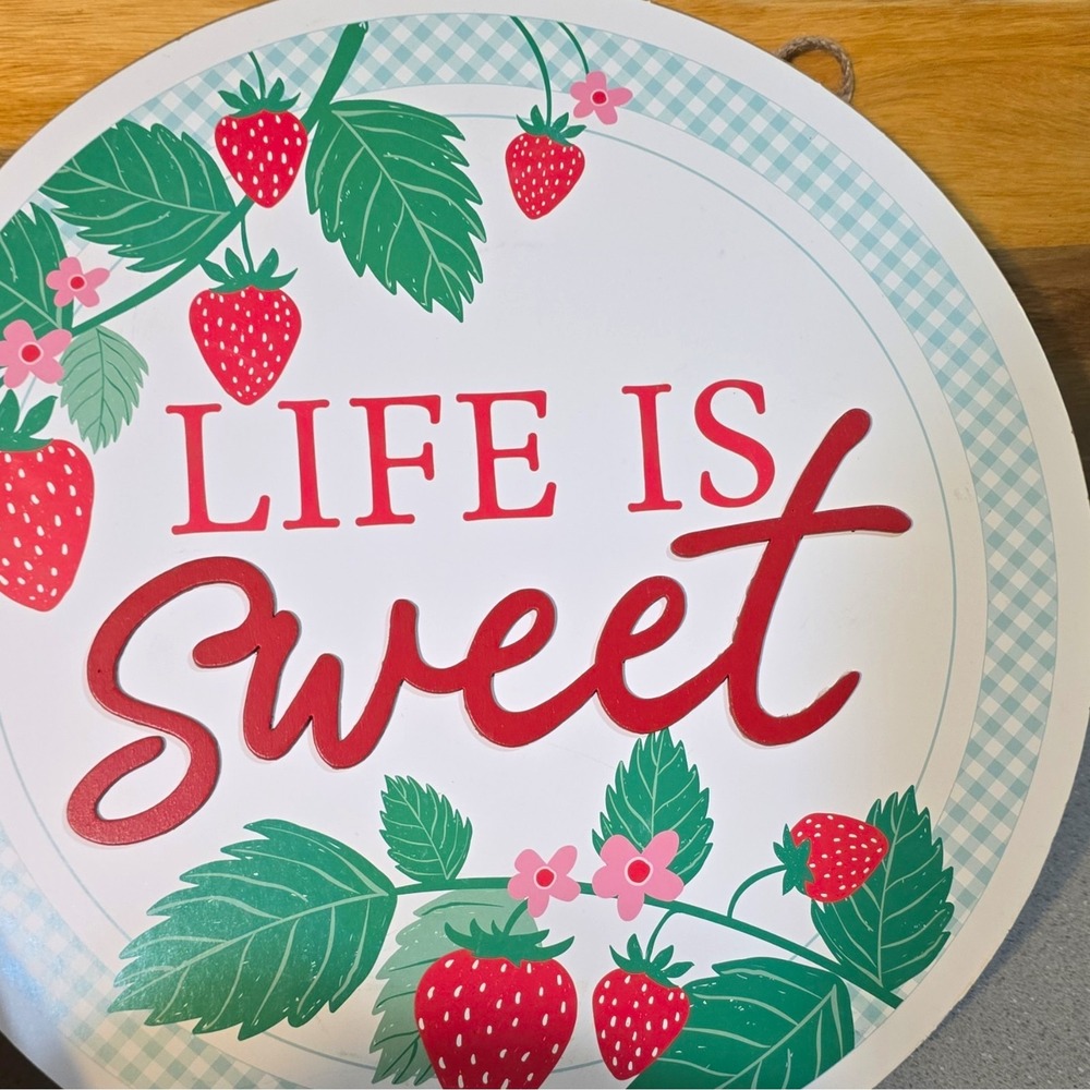 Wood Round Hanging Wall Sign "Life Is Sweet" Strawberry Gingham Design
